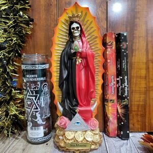 Santa Muerte Reversible 12" Red & Black , Reversible Candle , Incense Bundle